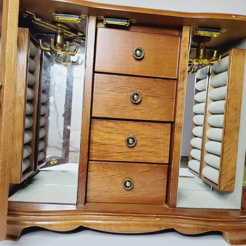 Vintage Wooden Jewelry Box Armoire Cabinet Etched Glass Doors Multiple Draws DIY